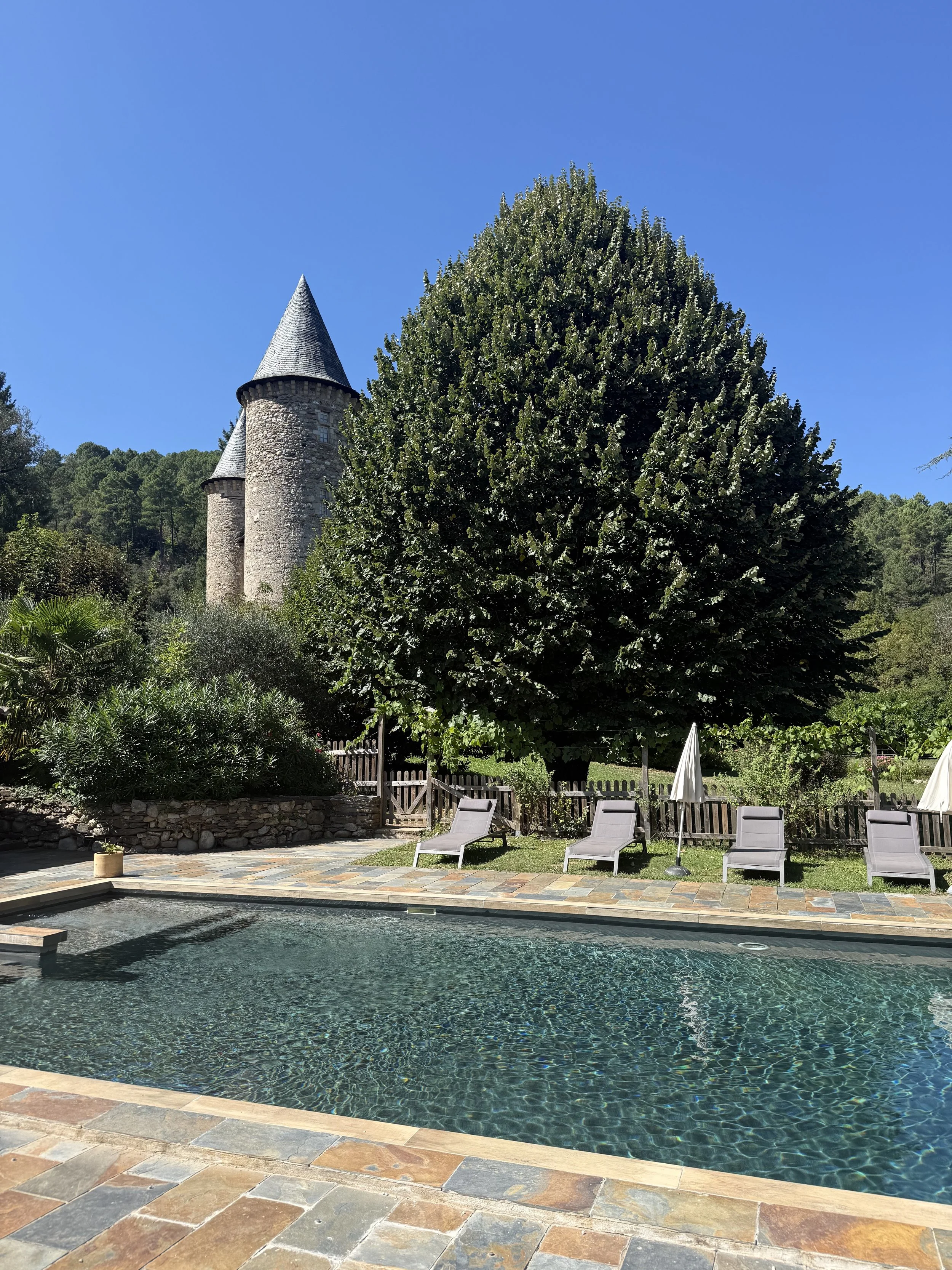 Swimming pool with clear water, lounge chairs and umbrellas on a stone deck, surrounded by green trees and bushes, with a stone castle tower and a clear blue sky in the background.