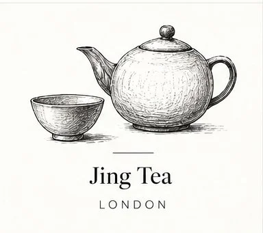 Line drawing of a teapot and a teacup with the text "Jing Tea London" underneath.