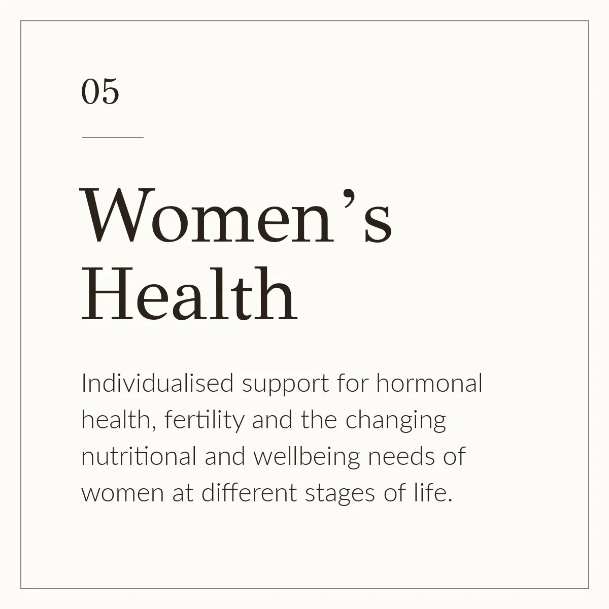 Page title 'Women’s Health' with subtitle about personalized support for hormonal health, fertility, and wellbeing for women at different life stages.