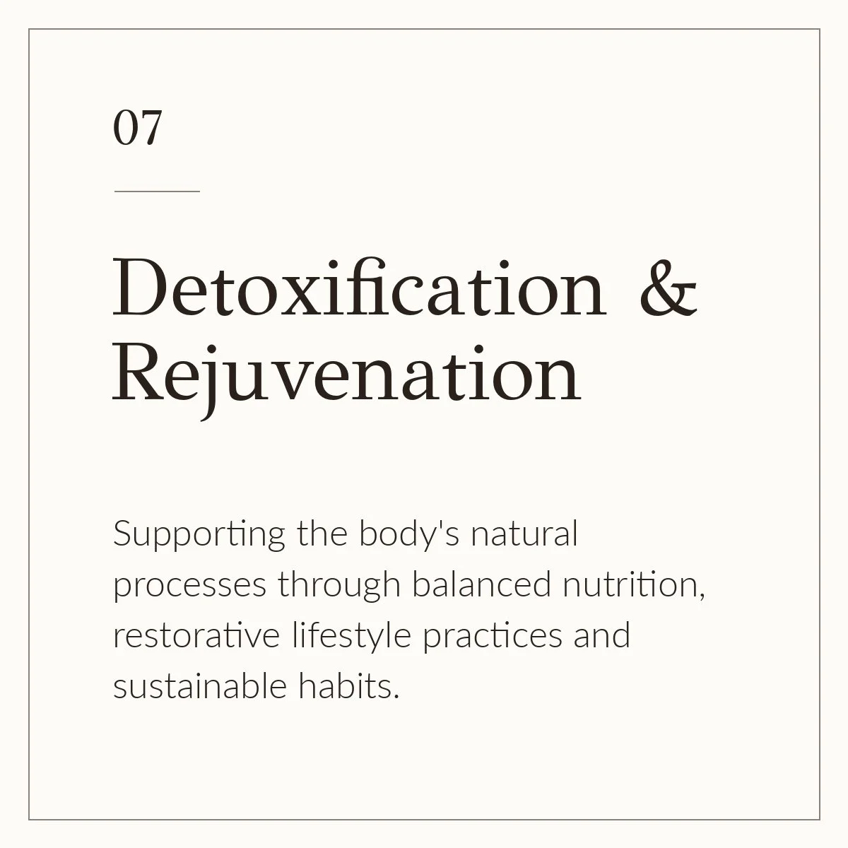 Page titled 'Detoxification & Rejuvenation' with subtitle about supporting the body's natural processes through balanced nutrition and sustainable habits.