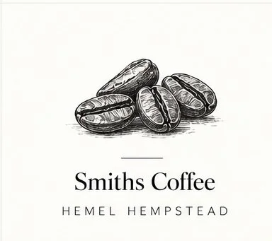Drawing of five coffee beans with the text "Smiths Coffee, Hemel Hempstead" beneath.
