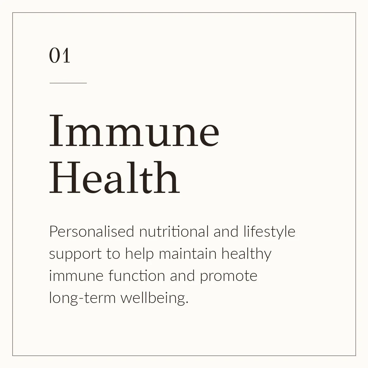 A book or poster cover about immune health, with the title '01 Immune Health' and a subtitle about personalized nutritional and lifestyle support for maintaining healthy immune function and long-term wellbeing.
