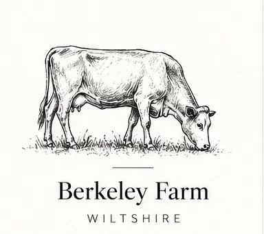 Line drawing of a cow grazing on grass with the text 'Berkeley Farm Wiltshire' below it.