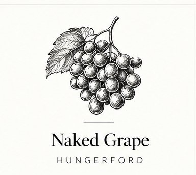 A black and white illustration of a bunch of grapes with leaves. Below it, the text reads 'Naked Grape' and 'Hungerford'.