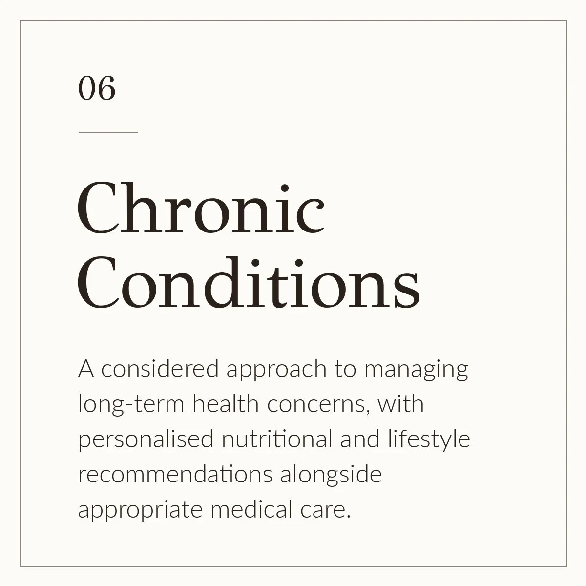 Title page with the number 06, titled 'Chronic Conditions,' and a description about managing long-term health concerns with personalized nutrition, lifestyle recommendations, and medical care.