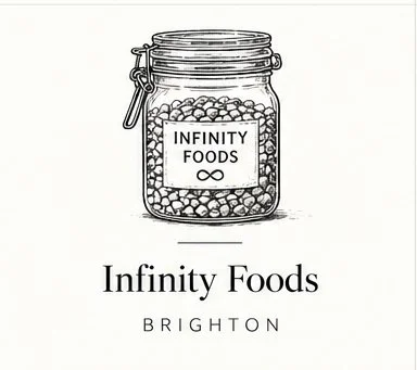 Illustration of a jar labeled "Infinity Foods" with the infinity symbol, and the text "Infinity Foods Brighton" below.