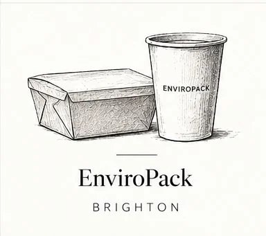 Illustration of a takeout container and a cup with EnviroPack Brighton branding.