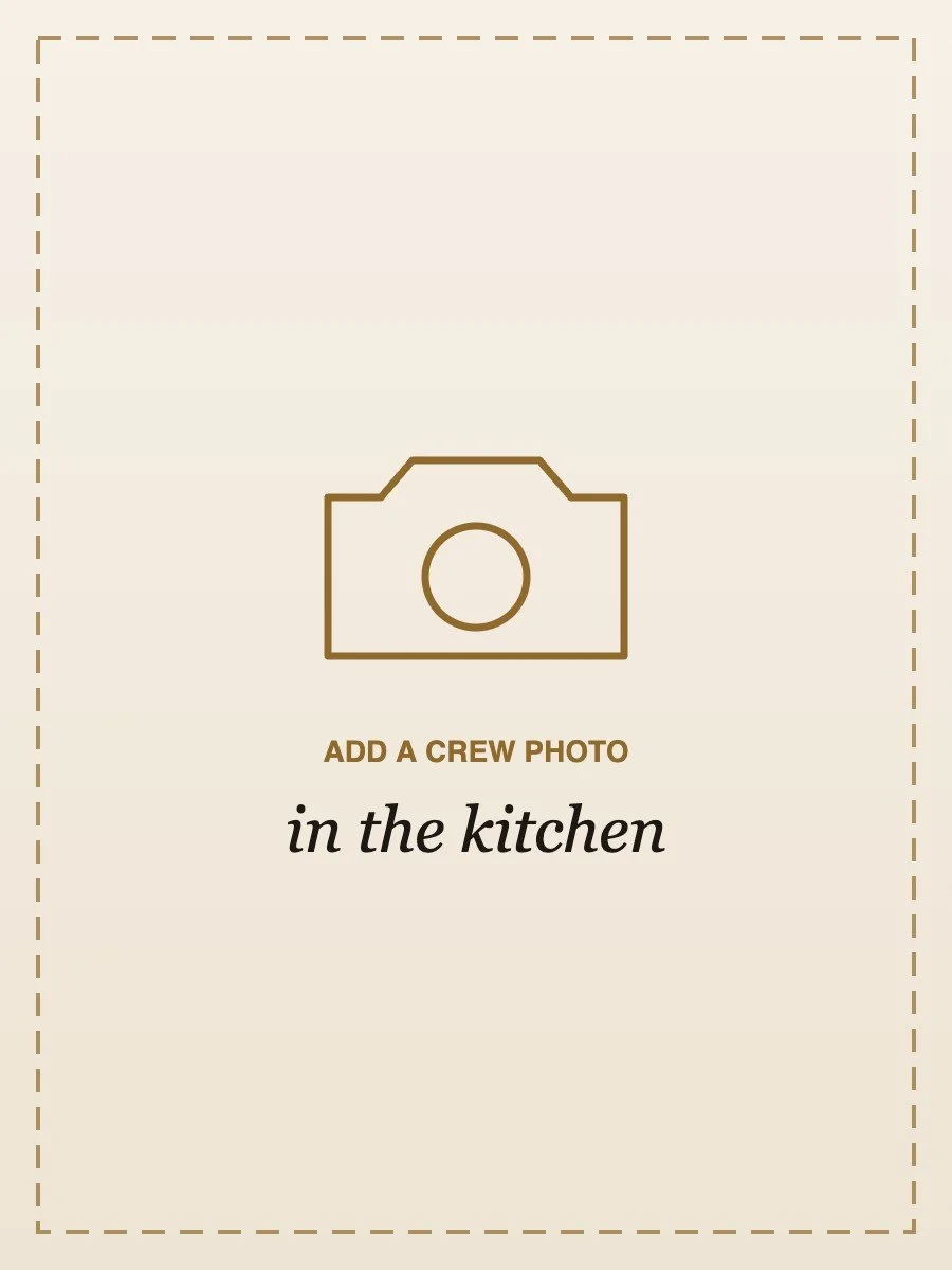 Illustrated camera icon with text reading “Add a crew photo in the kitchen” inside a dashed border.