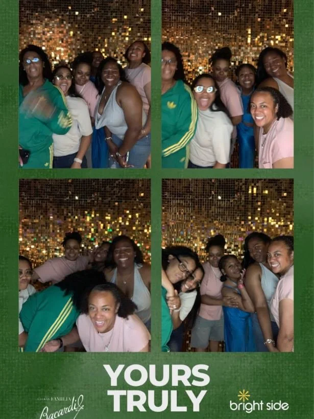 Four-photo collage of smiling friends posing together in front of a shimmering gold backdrop, with “Yours Truly” and “Bright Side” text below.