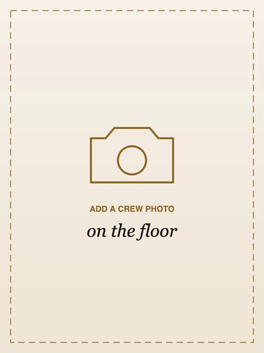 Minimalist beige placeholder graphic with a camera icon and the text “ADD A CREW PHOTO on the floor.”