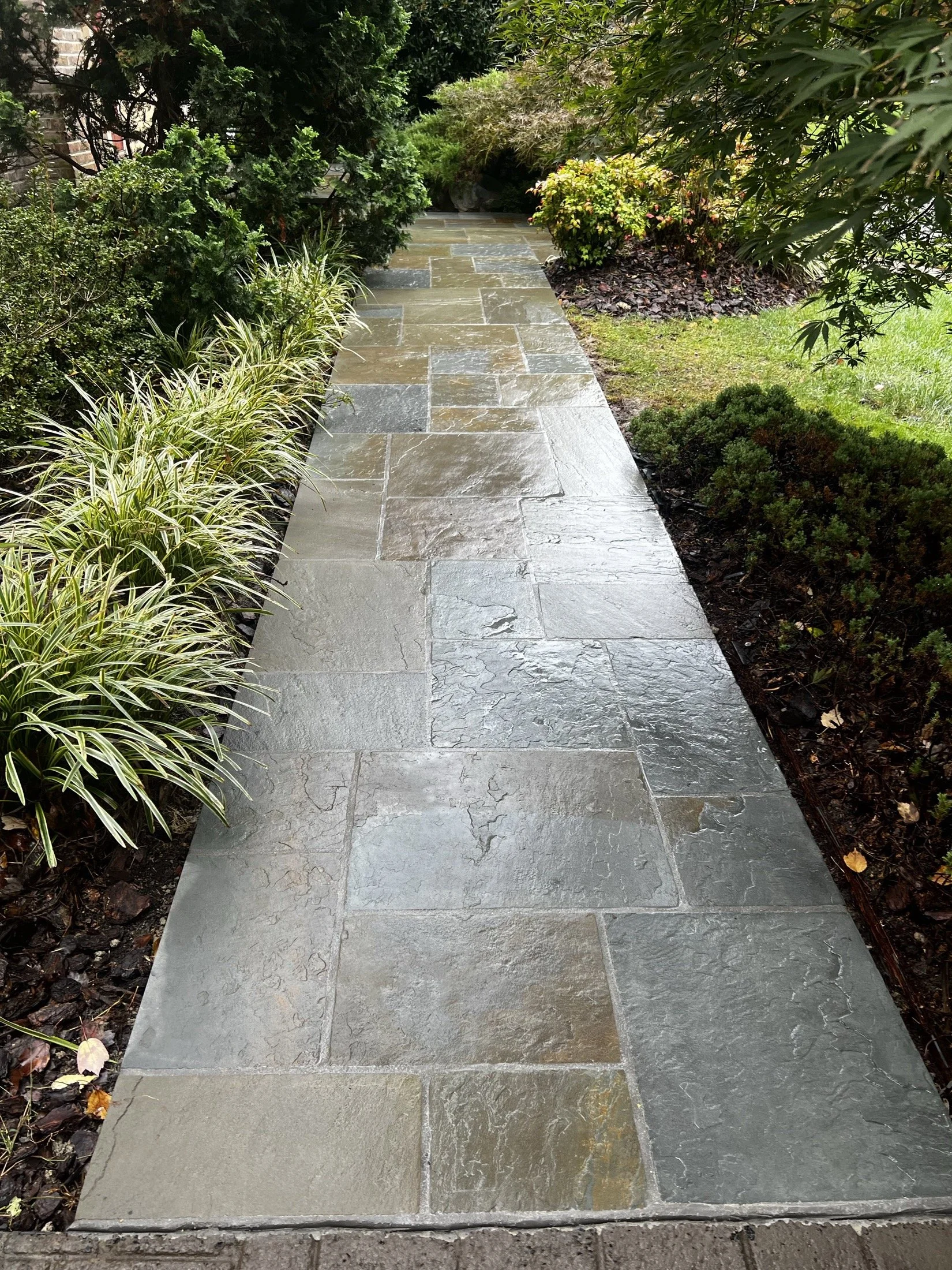 Flagstone garden walkway surrounded by lush shrubs, ornamental grasses, and landscaped greenery