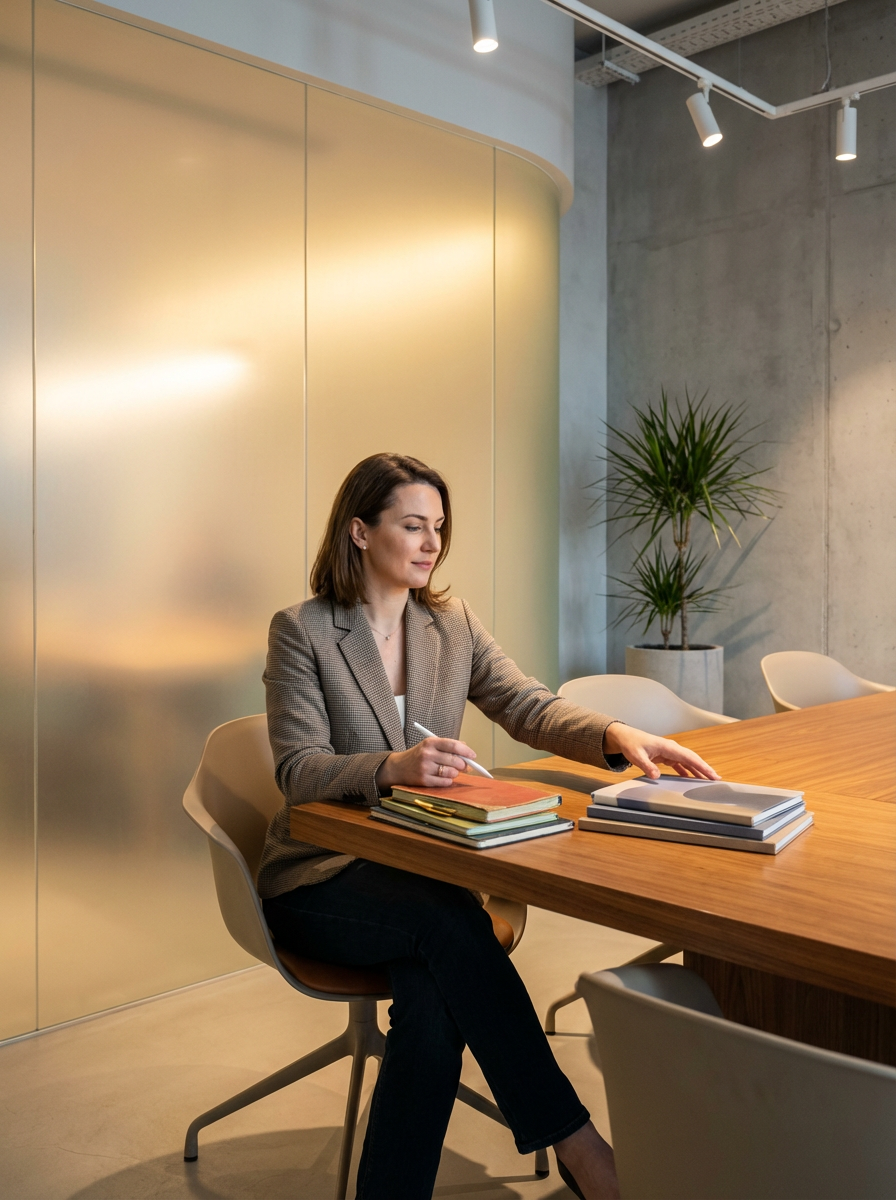 Businesswoman sitting at a conference table, organizing notebooks and documents in a modern office setting.