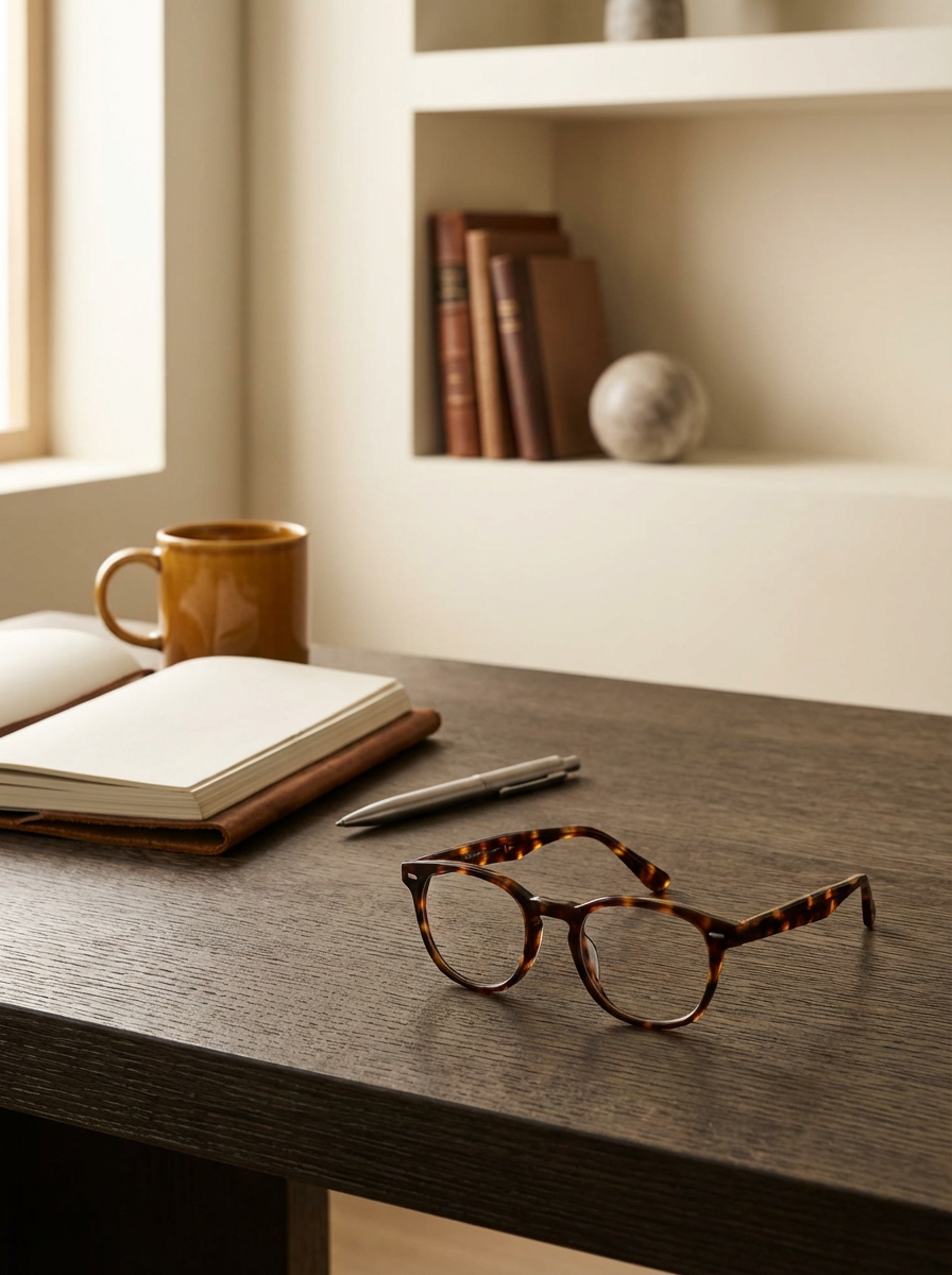 Tortoiseshell glasses, an open notebook, a silver pen, and a brown mug on a wooden desk, with a bookshelf containing books and a moon-shaped object in the background.