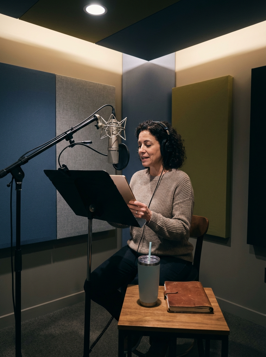 A woman in a recording studio wearing headphones, reading from a tablet in front of a microphone, with a notepad and a tumbler cup with a straw on a small table.
