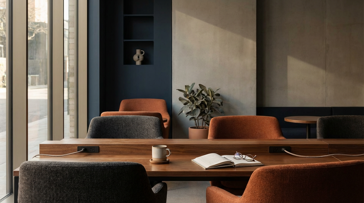 A cozy indoor workspace with a wooden table, black and burnt orange chairs, a coffee cup on a saucer, an open notebook, and a pair of glasses. A potted plant is in the background near the wall, with natural light coming through large glass windows.