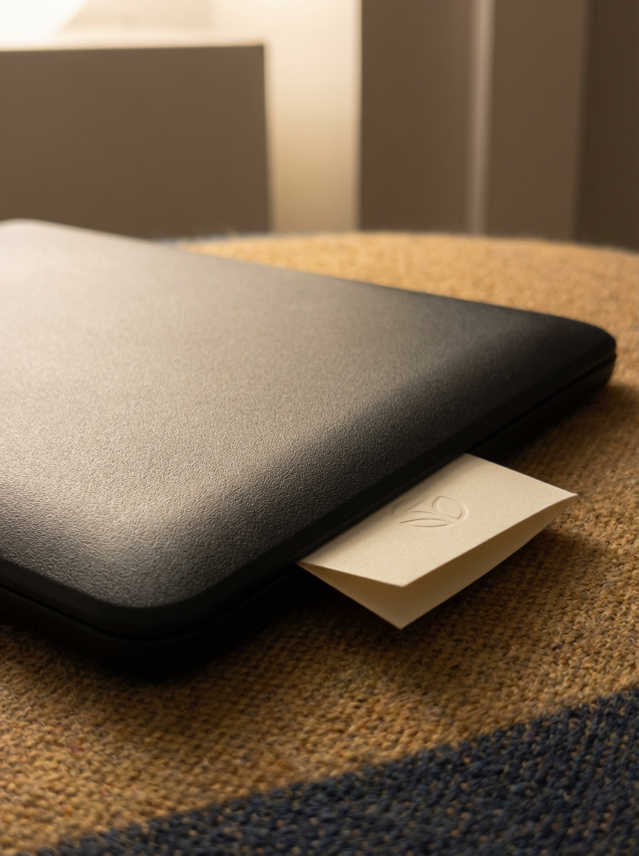 A closed gray laptop with a sticky note partially underneath it, placed on a textured beige and blue fabric surface.