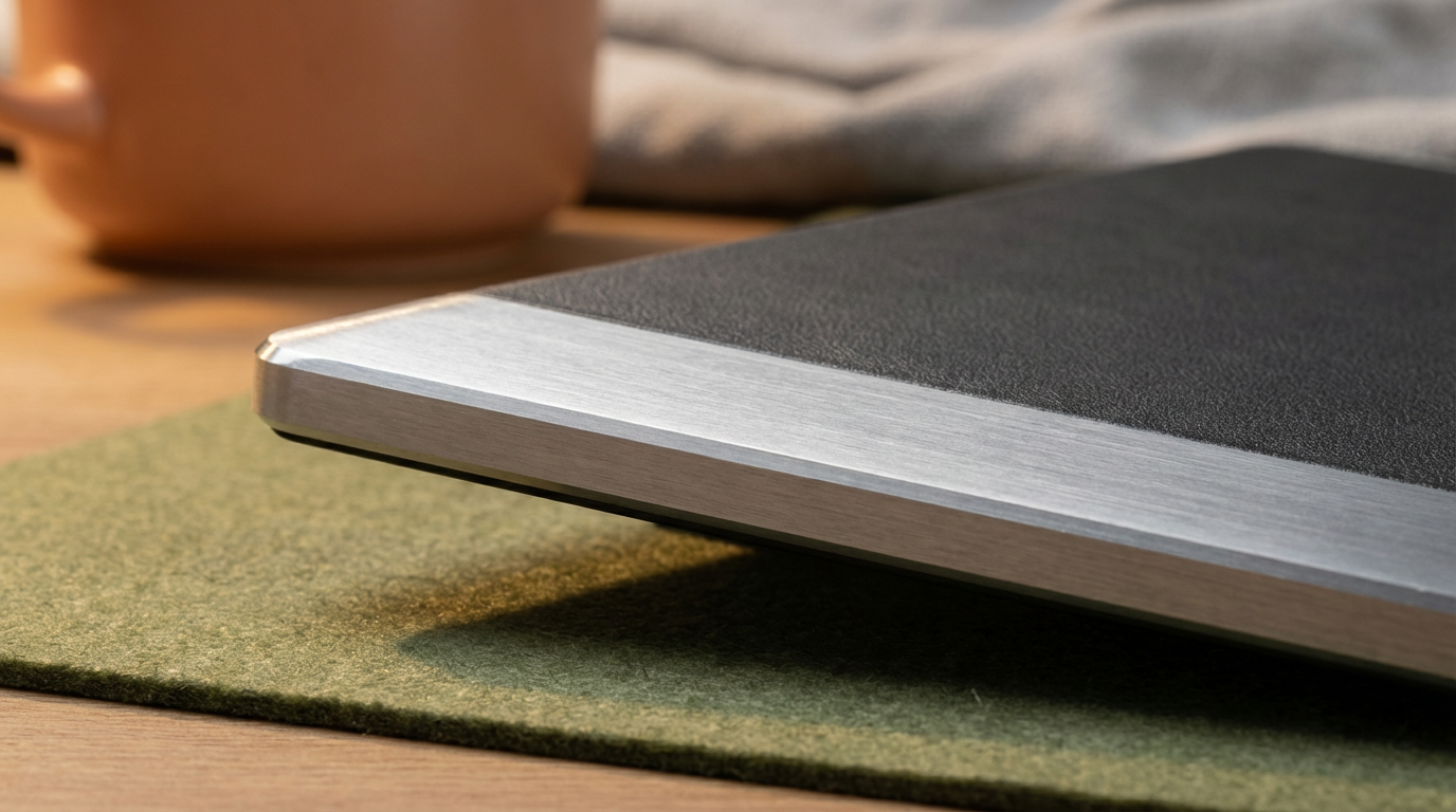Close-up of a closed laptop with a black cover and silver border, resting on a green felt mat on a wooden surface, with blurred background of a pink mug and a gray cloth.
