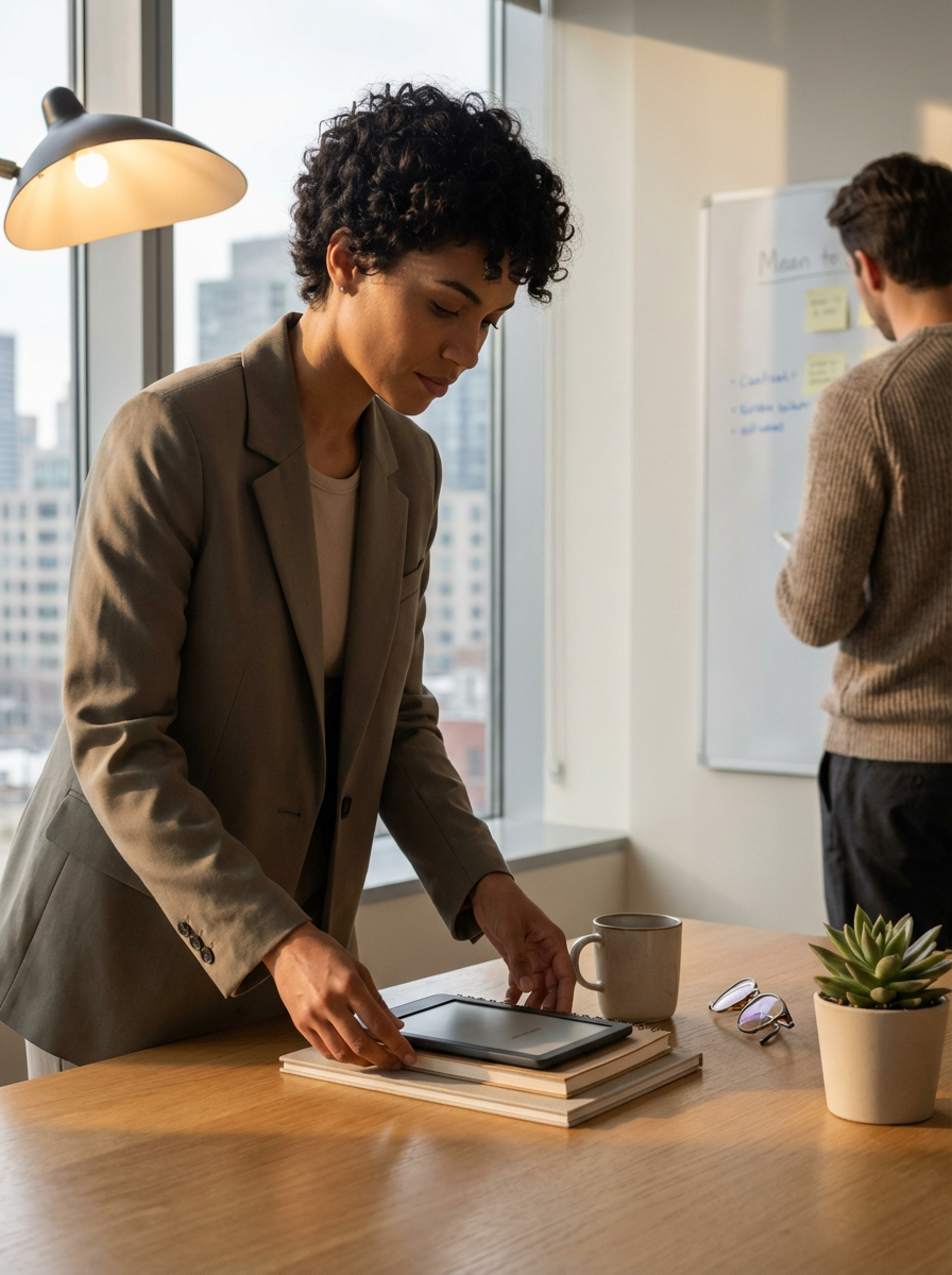A woman in a beige blazer and light shirt arranging a tablet on a wooden table in an office, with a man in the background writing on a whiteboard.