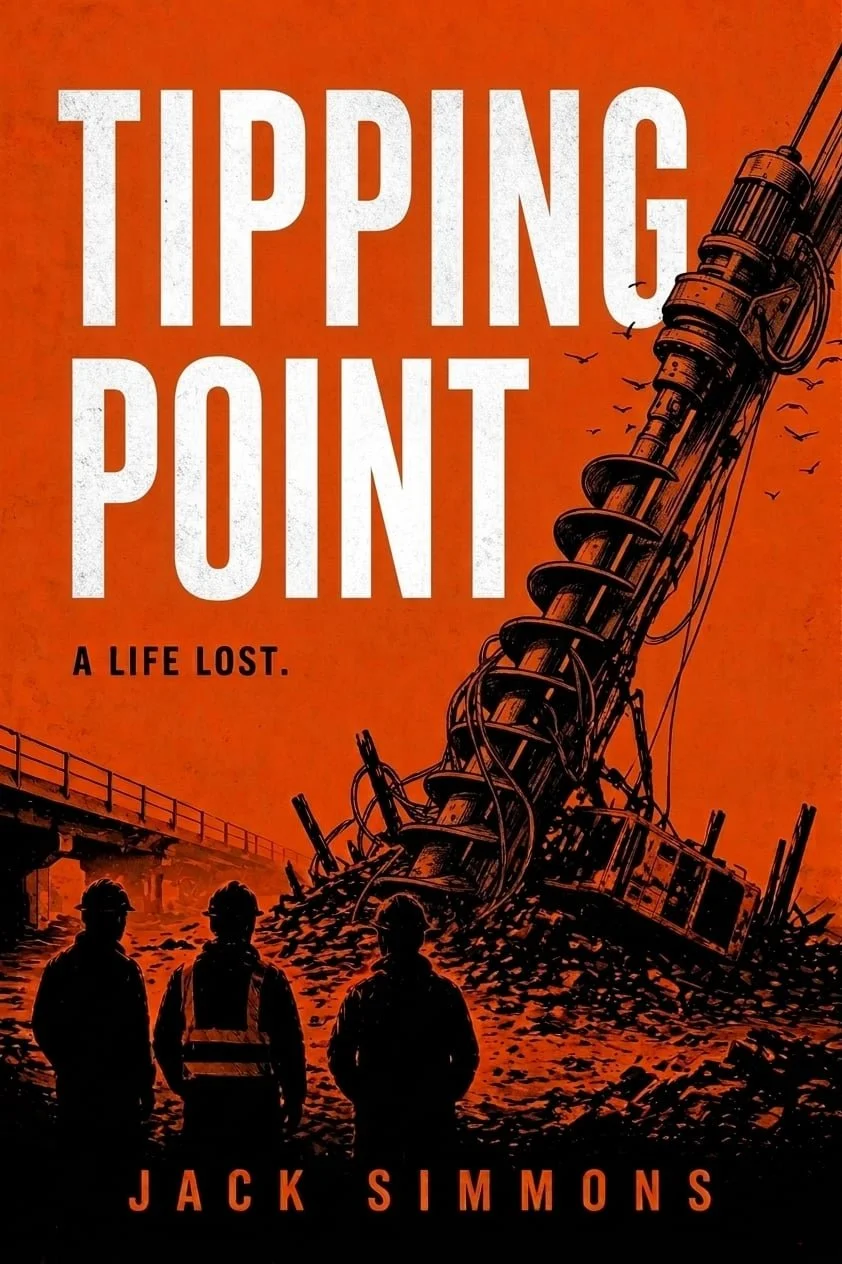 Book cover for "Tipping Point: A Life Lost" by Jack Simmons. The cover features an orange background with the silhouette of three people in safety vests and helmets looking at a large, toppled crane or industrial structure. There are birds flying in the sky.