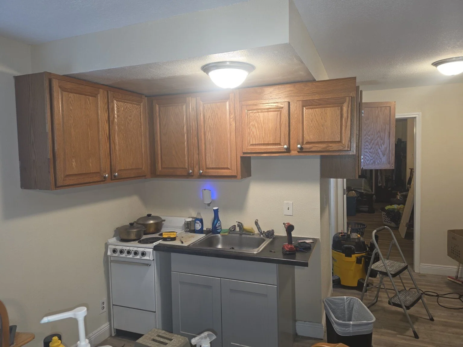 Kitchen renovation in progress with wood cabinets and ceiling lighting