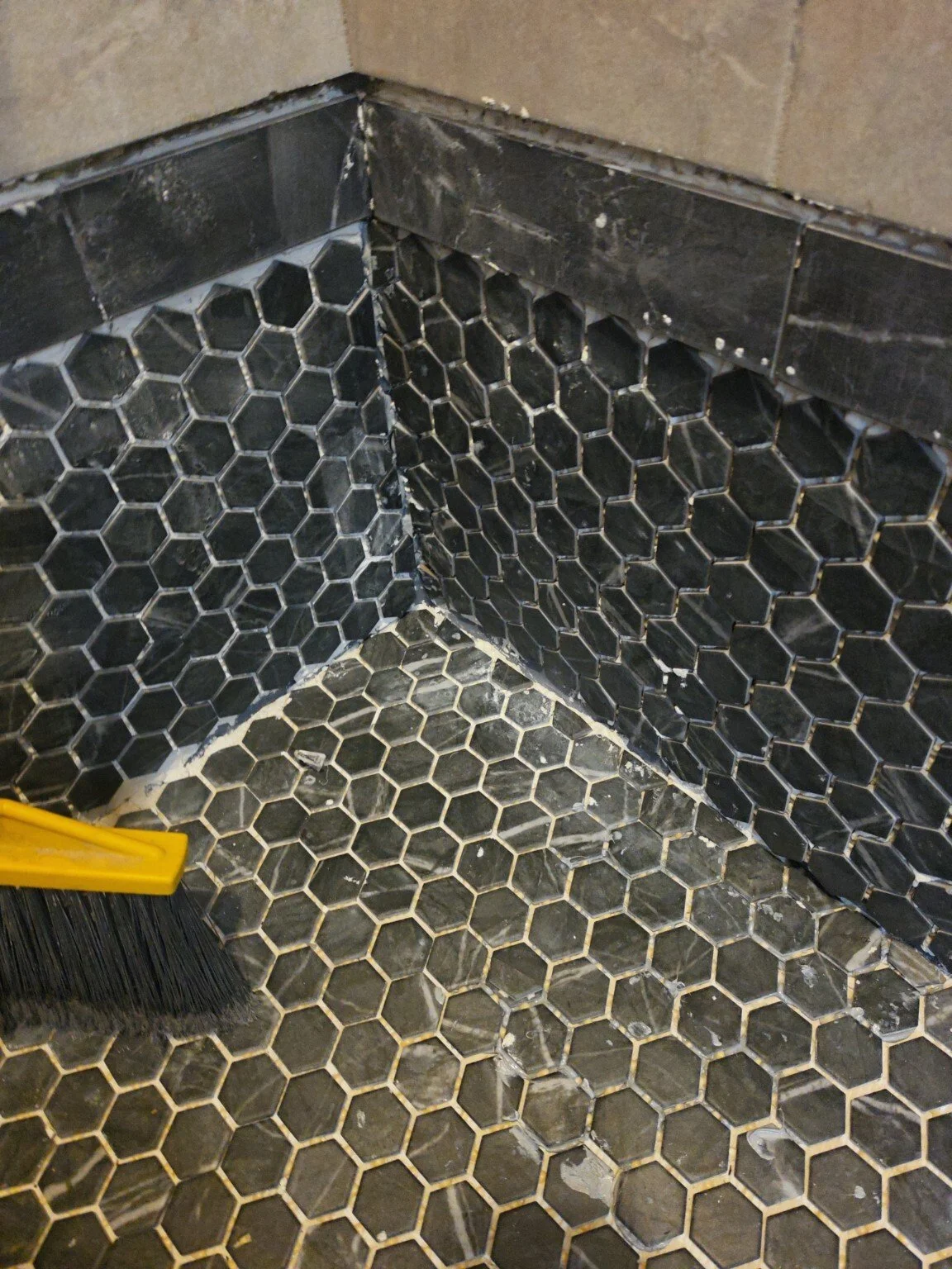 Hexagonal shower tile detail; work in progress