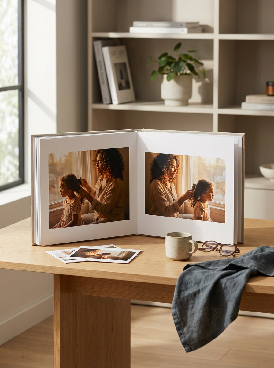 Open photo album on wooden table with framed pictures inside, in front of large window. Around the album are a coffee mug, a pair of glasses, and some scattered photos. Background features a white bookshelf with books and a potted plant.