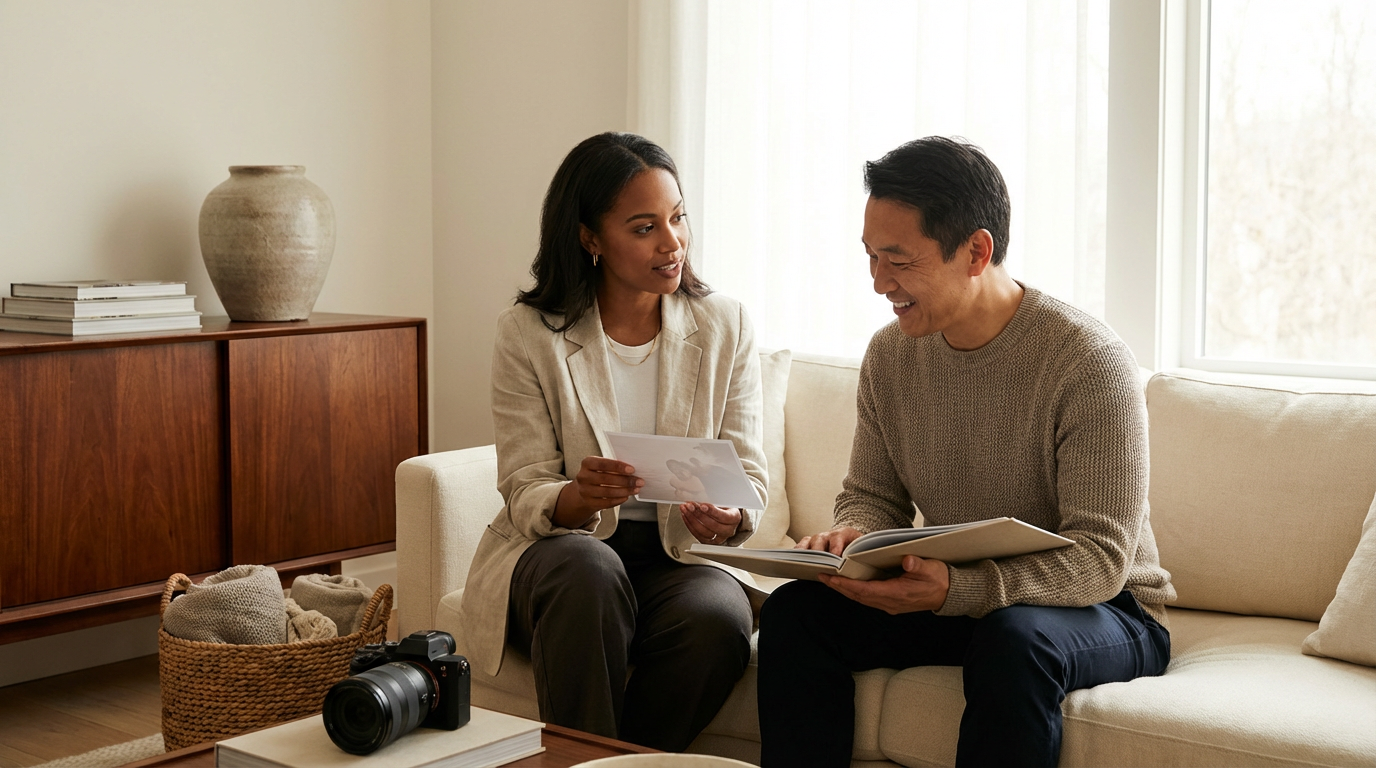 A man and woman sitting on a cream-colored sofa in a living room, smiling and looking at photographs and an album, with a camera and basket nearby.