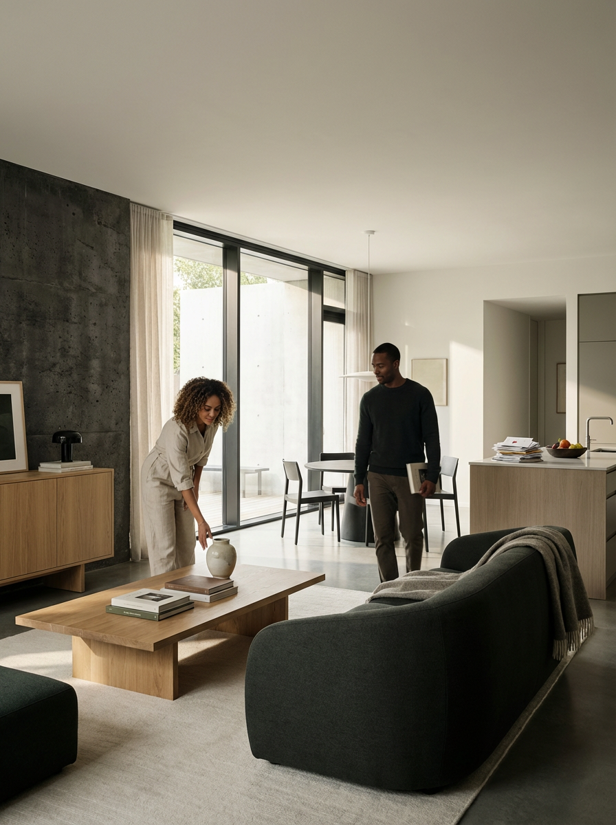 A woman and a man inside a modern living room with large windows. The woman is leaning over a wooden coffee table, and the man is holding a book, standing near a dining table.