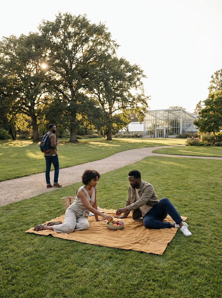A man and woman having a picnic on a blanket in a park with green grass and tall trees, while another man walks on a dirt path nearby and a glass greenhouse building is in the background.
