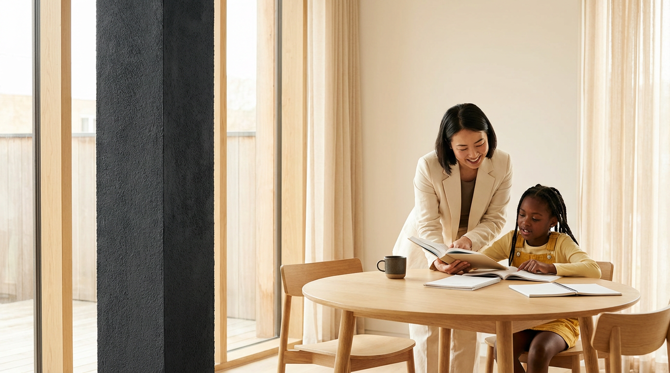 A woman and girl sitting at a round wooden table in a bright room with light-colored curtains. The woman is showing a book to the girl, who is looking at it. There are additional books and a mug on the table.