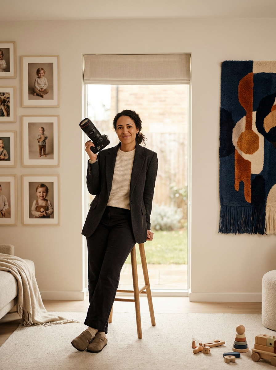 A woman standing in a well-lit living room holding a camera lens. She is smiling, wearing a dark blazer and pants with a beige sweater. Behind her is a window with a beige blind, a wall with framed children's photos, a colorful abstract rug, and wooden toys on the floor.