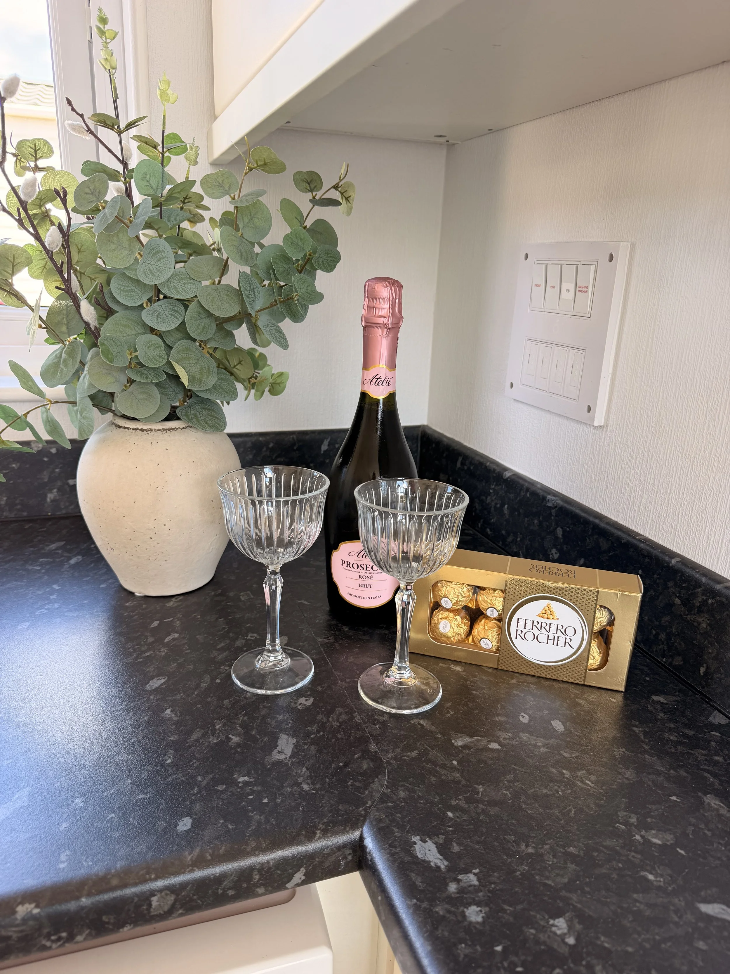 champagne and chocolates.Luxury living at Sea Glass Lodge, a dog - friendly holiday lodge in Runswick Bay, north yorkshire