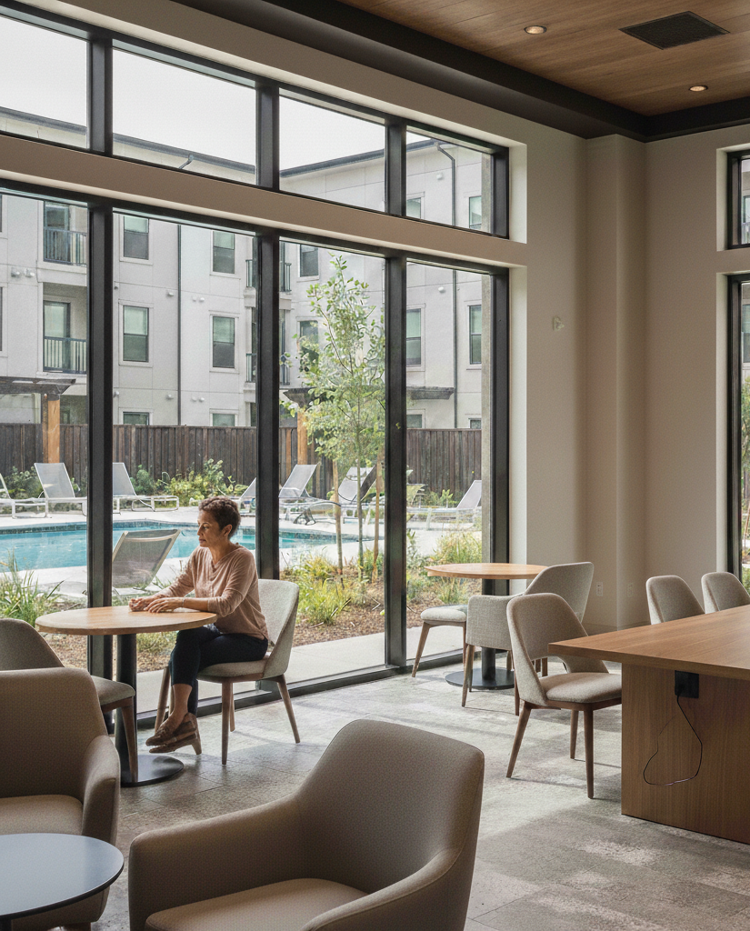 A woman sitting alone at a table with large floor-to-ceiling windows behind her, showing a swimming pool and outdoor lounge chairs in a modern apartment.