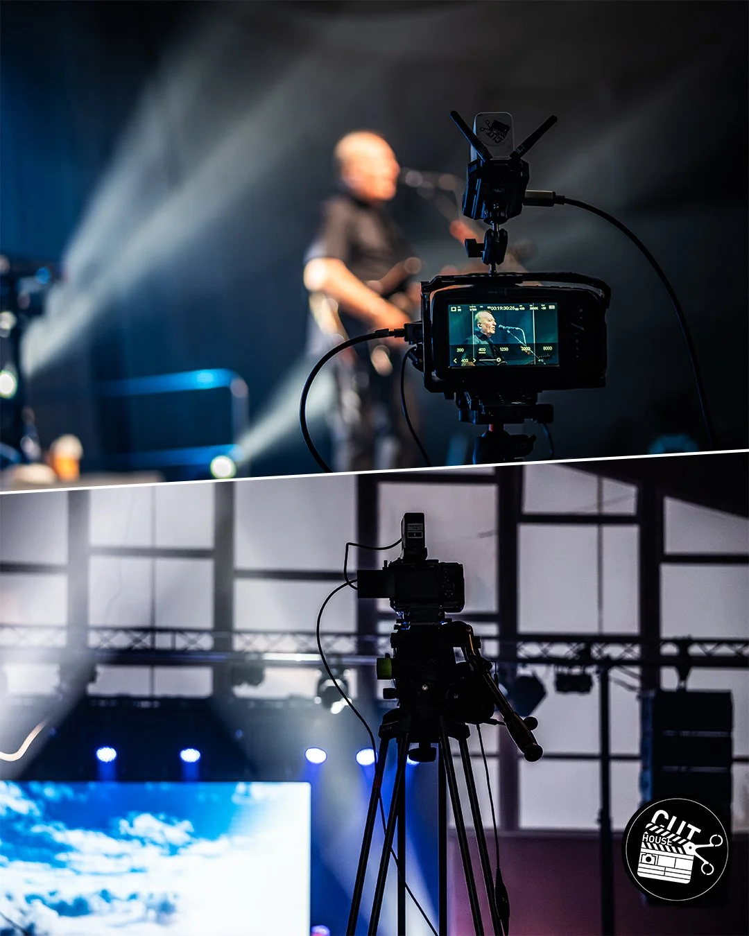 Two camera setups in a stage or event environment, capturing a performer on stage in the upper part, with stage lights and a blurry background. The lower part shows a camera on a tripod pointed at a lit stage with screens or displays.