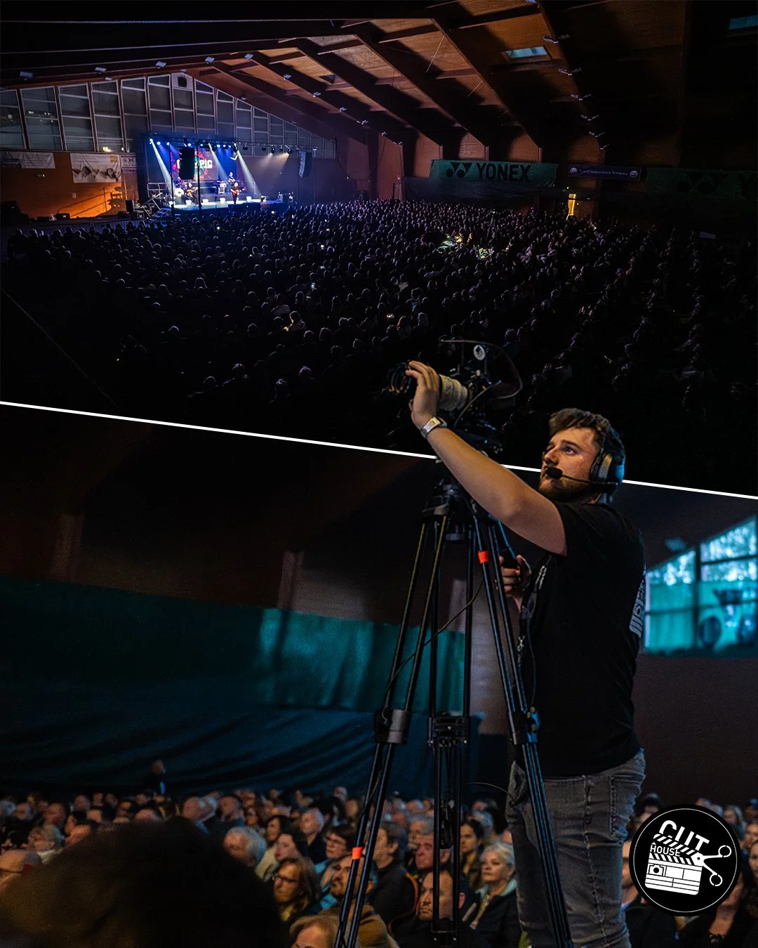 Photographer filming a concert in a large indoor venue filled with a crowd of spectators, stage with performers, and blue and white lighting.
