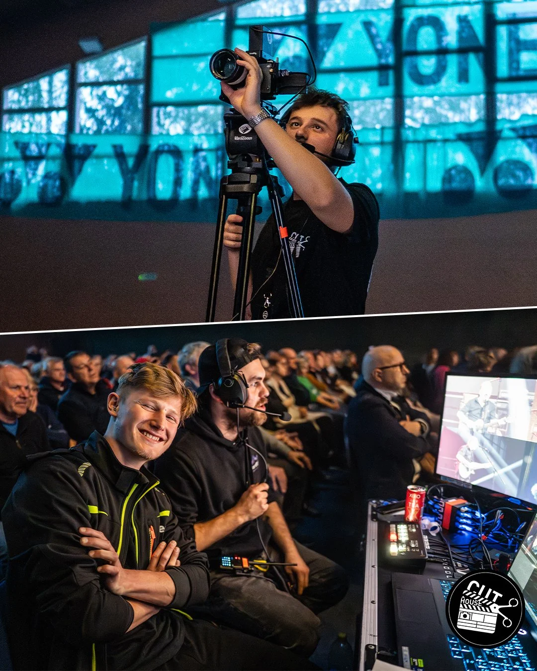 Two photos of camera operators and crew at a professional event. The first shows a man with a camera on a tripod, aiming it at a screen, with a blue-lit background. The second shows two men with headsets and equipment at a control station, smiling an
