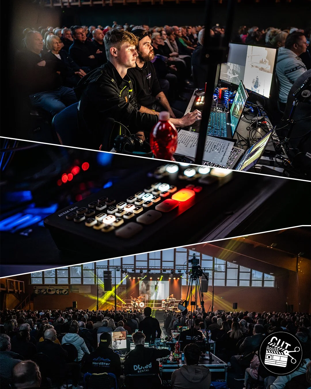 A collage of three photos from a live concert event. The top image shows sound and lighting technicians working at a control station with screens and equipment, while audience members sit in the background. The middle image features a close-up of aud
