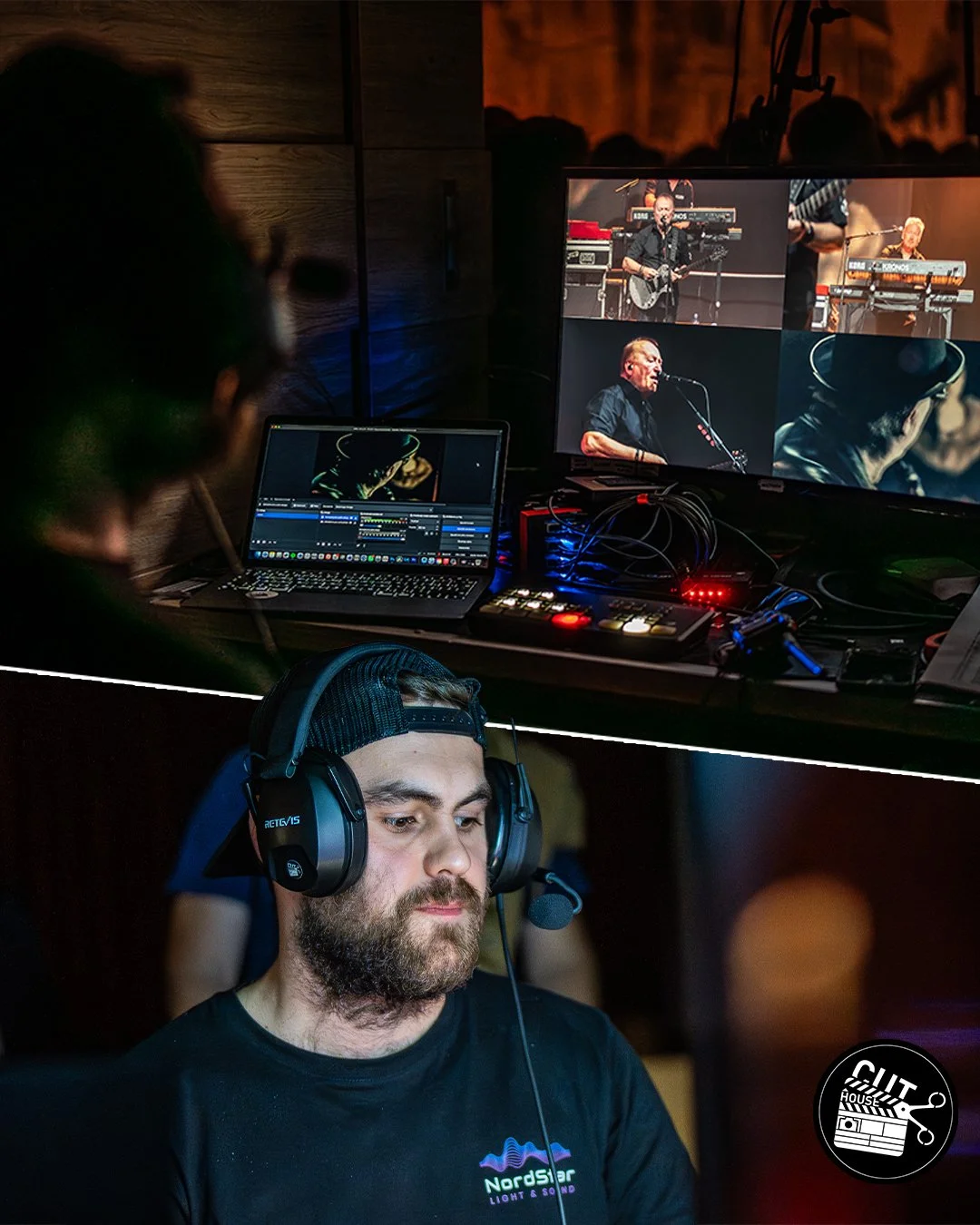 A video production crew member wearing a headset and black t-shirt with 'NordStar' logo, working at a computer with multiple monitors, filming a live music performance with musicians on stage.