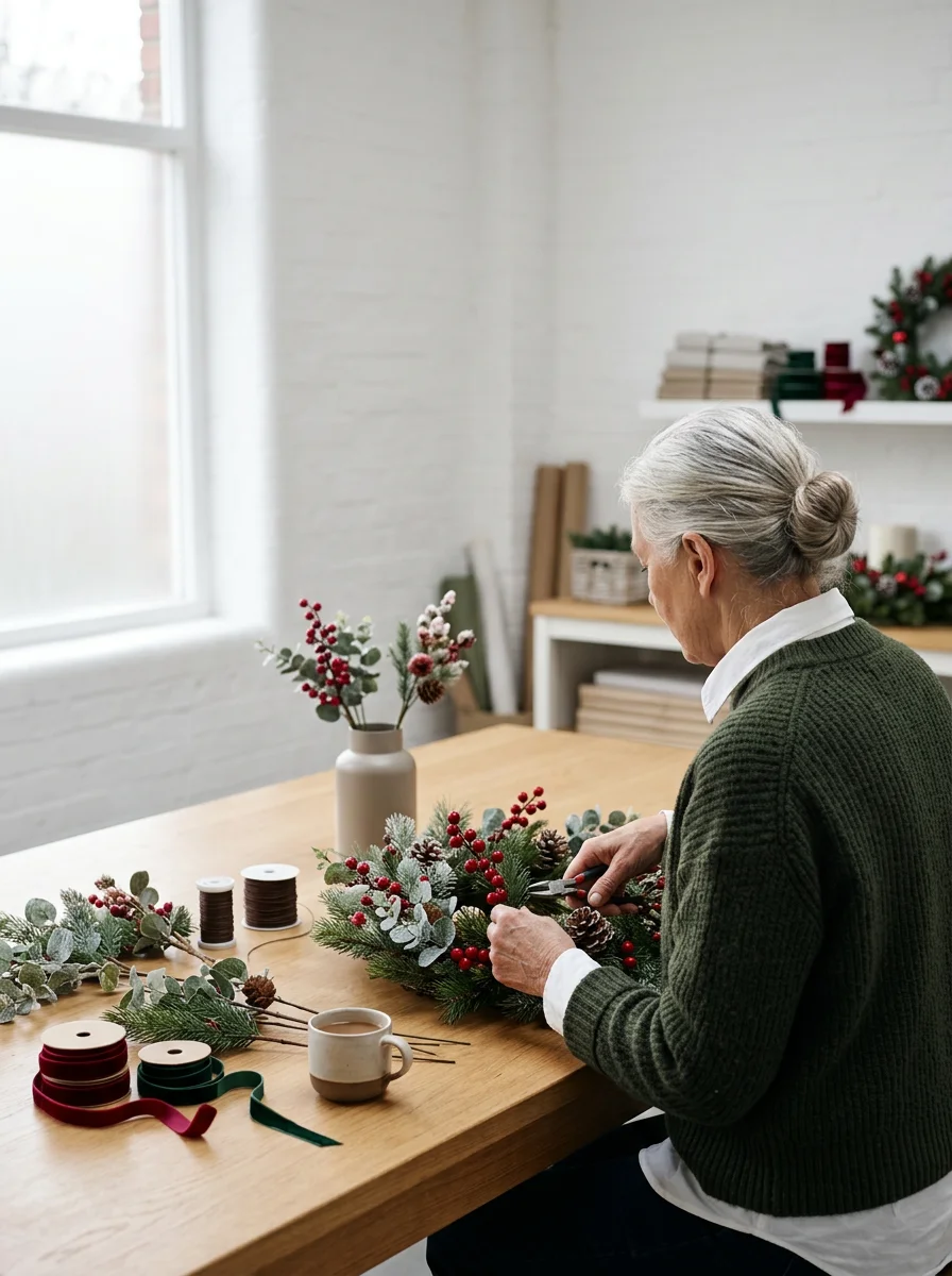 Older woman making a festive Christmas wreath with evergreen branches, red berries, pinecones, ribbon, and greenery at a wooden table.