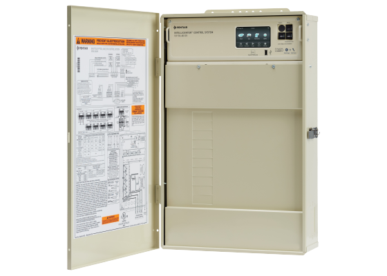 Open beige electrical control panel cabinet with warning instructions, circuit diagrams, switches, and digital monitoring controls