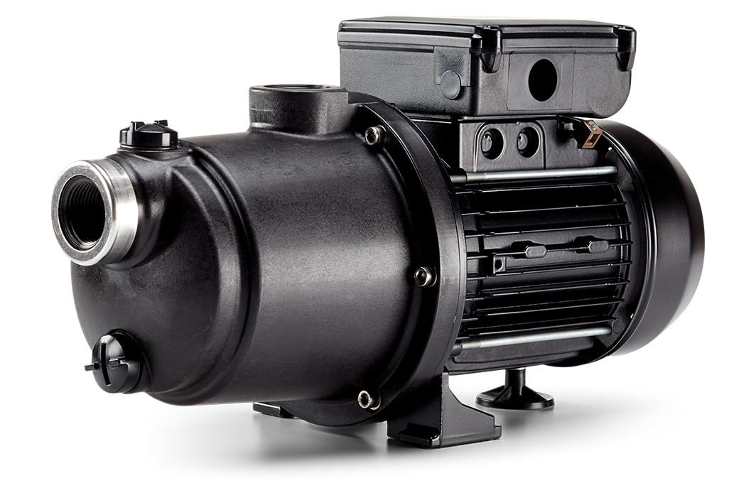 Black electric water pump with cylindrical motor housing and threaded inlet port