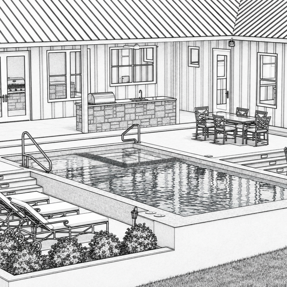 Illustrated backyard with a swimming pool, raised spa, outdoor kitchen, dining table, lounge chairs, and landscaping