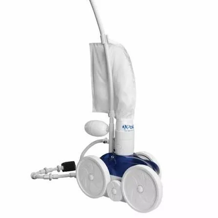 White robotic pool cleaner with large wheels, hose, and attached filter bag