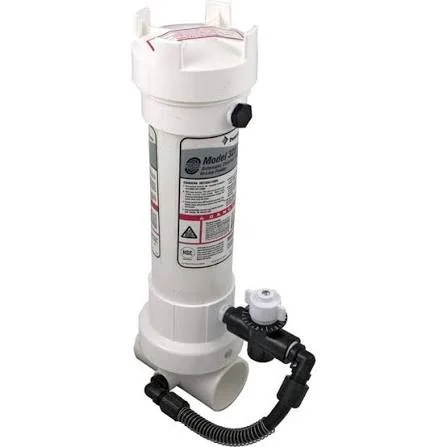 White Hayward pool chlorinator with black hose and adjustable chemical dispenser