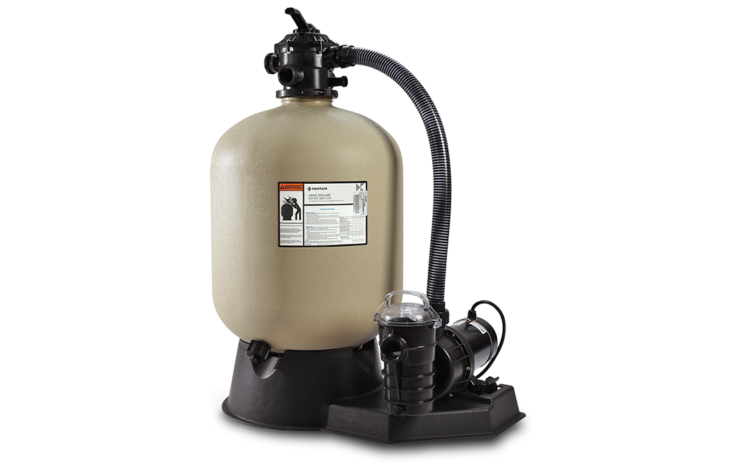 Pentair sand pool filter and pump system with beige tank, black valve, and flexible hose