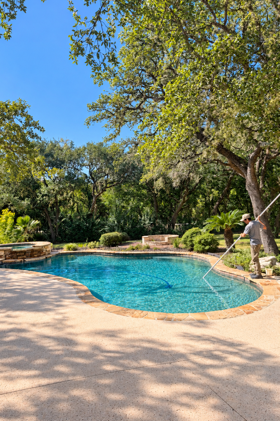 Pool maintenance worker skimming a turquoise backyard swimming pool surrounded by lush trees and landscaping