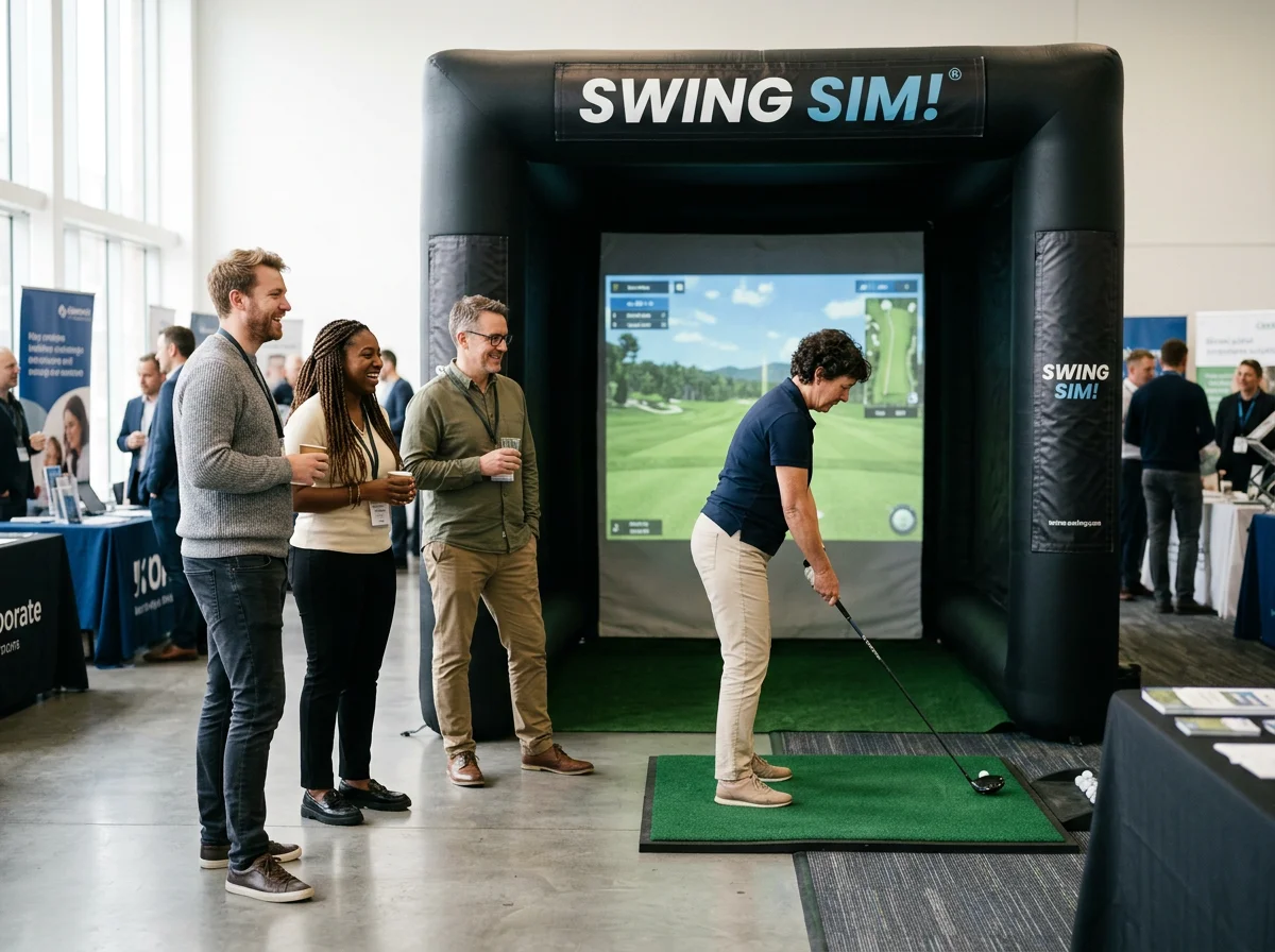 Golfer using a Swing Sim golf simulator at an indoor trade show while attendees watch.