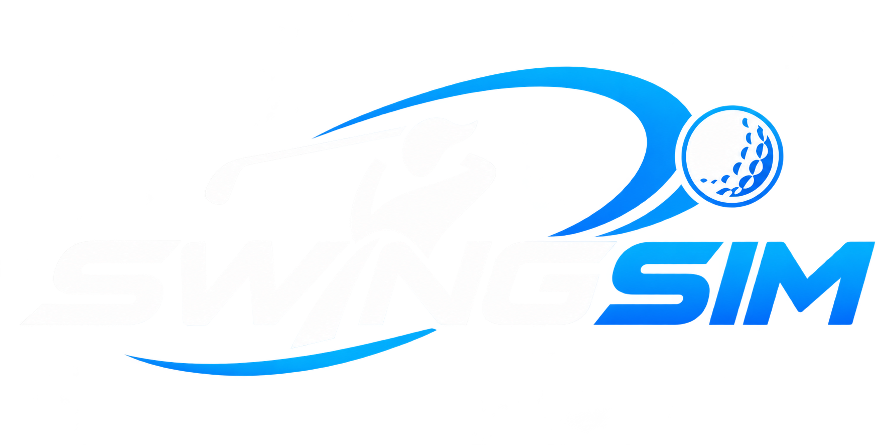 Blue and white SwimSIM logo featuring a swimmer silhouette, flowing wave, and circular swim icon