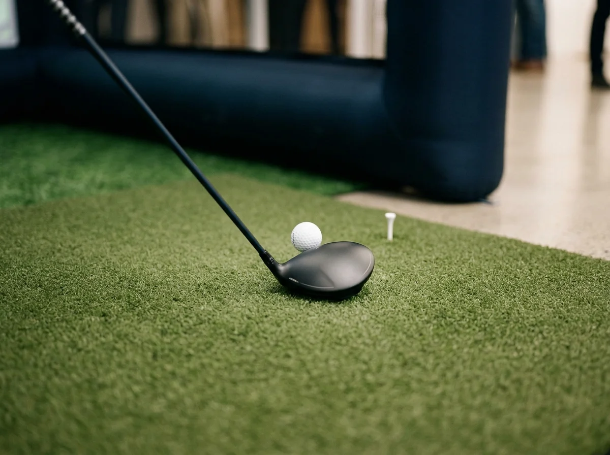Golf club positioned beside a golf ball on an indoor putting green