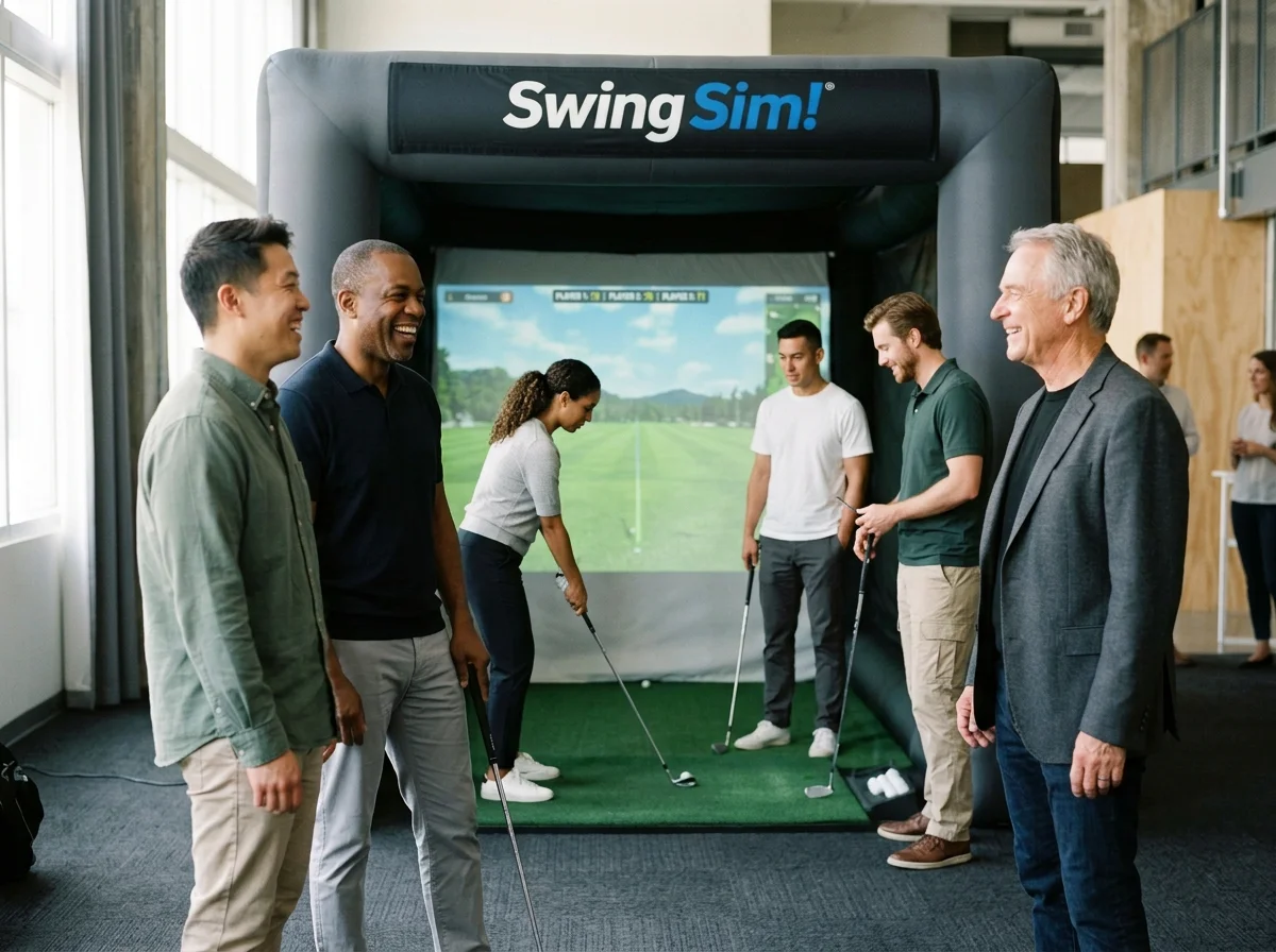 Group of people using a SwingSim indoor golf simulator while practicing their swings.